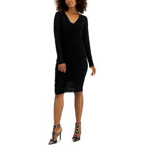 INC International Concepts Black Long Sleeve V Neck Ruched Mesh Dress S